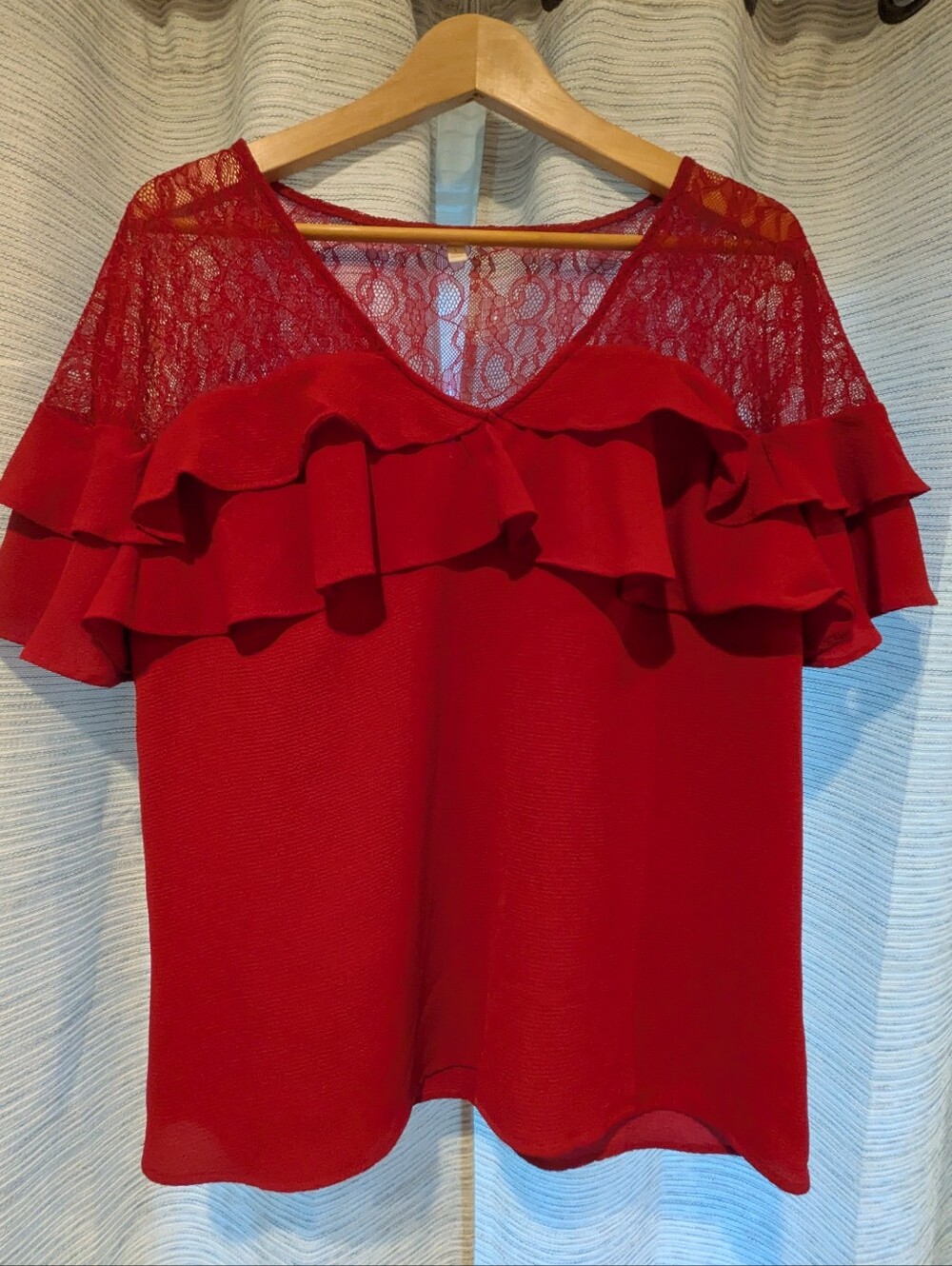 Candie's Red Lace Yoke Ruffle Blouse - L